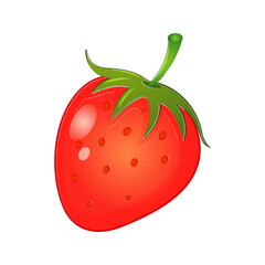 Vibrant red cartoon strawberry with green stem and leaves isolated on black background