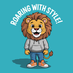 An adorable cartoon lion character, wearing a hoodie and jeans, showcasing a playful personality that embodies confidence and youthfulness, appealing to both children and adults. © Frank