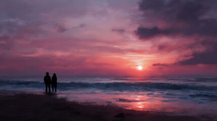 Fototapeta premium A silhouetted couple enjoys a romantic sunset on a serene beach with vibrant colorful skies reflected in the ocean waves