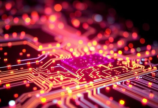 Abstract glowing circuit board with quantum entanglement nodes,  superposition,  information