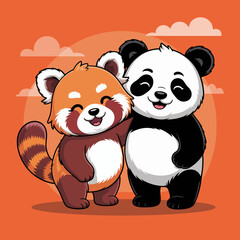 Naklejka premium A charming illustration of a red panda and a black and white panda, embodying friendship and joy as they happily pose together against a bright orange background filled with clouds.