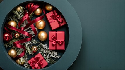 Elegant Christmas Gifts and Ornaments in a Circular Teal Frame
