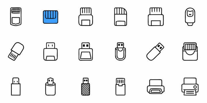 Modern technology icons capture diverse digital storage and data transfer devices for innovative design projects