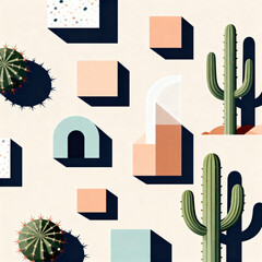 A seamless pattern featuring cacti and geometric shapes with shadows on a light background