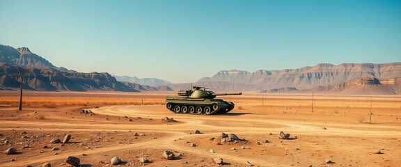 A lone tank sits amidst barren, desolate landscape,  isolated,  cannon