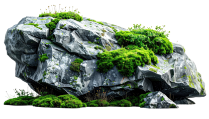 Large, gray rock covered in moss and small plants