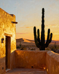 A desert landscape with a building and cactus at sunset casting warm light on the scene in the desert area