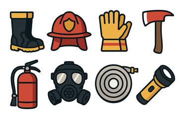 Firefighting equipment icons set with boot, helmet, gloves, axe, extinguisher, mask, hose, and flashlight