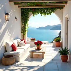 Rustic lounge sofa and coffee table on white stone terrace. Traditional mediterranean architecture. Summer background with sea view.