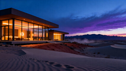 Modern house with glass walls on sand dunes at dusk with mountains in the background and purple sky