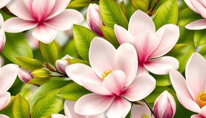 Fototapeta premium Elegant magnolia blossom repeat, showcasing delicate petals and lush green leaves, wallpaper, pattern