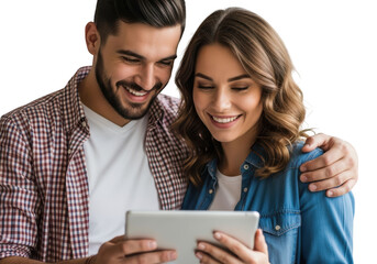 Happy couple engaged with digital tablet sharing a joyful moment together transparent background