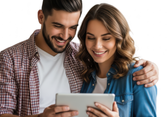 Happy couple engaged with digital tablet sharing a joyful moment together transparent background