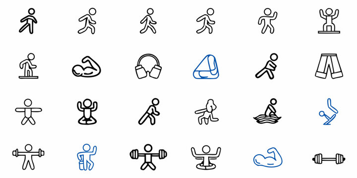Dynamic fitness icons capture movement, strength, and wellness activities for vibrant health and active lifestyles