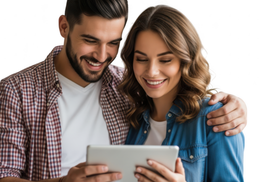 Happy couple engaged with digital tablet sharing a joyful moment together transparent background