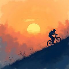 Vector art of silhouette of a mountain biker riding uphill against a vibrant sunset