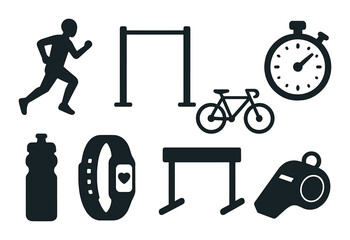 Silhouettes of running, stopwatch, bicycle, fitness tracker, whistle, and water bottle on dark background