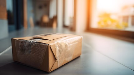 Brown cardboard delivery box wrapped in bubble wrap indoors
