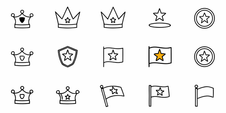 Collection of simple icons featuring crowns, shields, flags, and stars conveying achievement and recognition