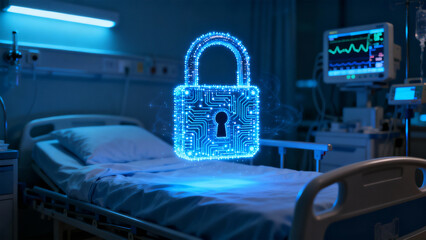 Digital padlock hovering over a hospital bed with medical equipment in the background in blue light