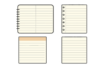 Notepad and paper sheets vector set. Flat design open notebook, planner pages, and memo notes. School and office stationery illustration with copy space for text. Lined paper template.