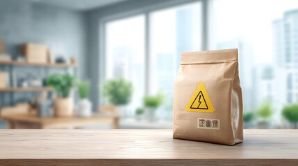 Kraft paper package with fragile warning symbol indoors