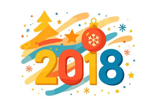 Merry Christmas and Happy New Year 2018 vector concept. Festive holiday greeting card with colorful abstract shapes, xmas tree, ornament bauble, stars, modern typography.