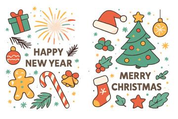 Merry Christmas and Happy New Year vector icon set. Cute hand-drawn doodle collection for holiday celebration. Festive sticker pack with tree, santa hat, gift, candy cane, firework.