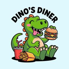 A cute green dinosaur happily munches on a tasty burger and fries in a diner setting, capturing the playful essence of childhood while celebrating food in a whimsical style.