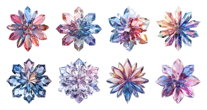 PNG Colorful geometric crystal flowers, element set on transparent background