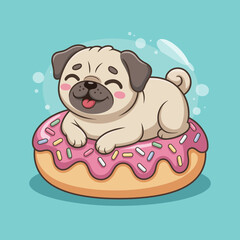 A cute pug happily rests on a giant donut, adorned with colorful sprinkles, combining playful pet imagery with fun food concepts in a delightful cartoonish art style.