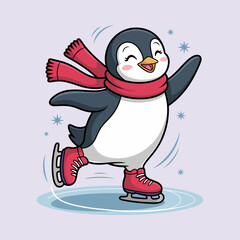 Cheerful penguin glides gracefully on ice, dressed warmly with a red scarf, highlighting joy, movement, and winter fun in a lively and playful illustration.