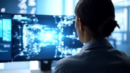 Woman Monitors Complex Data on Multiple Screens in Modern Office - Powered by Adobe