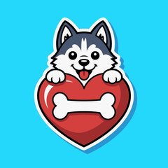 Fototapeta premium A joyful cartoon husky peeking out from behind a heart shape, holding a bone, capturing the warmth of pet-love and the playful spirit of furry companions.