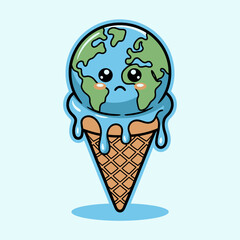 A quirky and expressive ice cream cone featuring the Earth as a scoop, showcasing a sad face with melting ice cream against a light blue background.