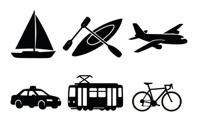 Silhouettes of various transportation modes: bicycle, boat, kayak, airplane, taxi, and tram
