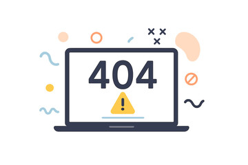 404 error page not found template vector illustration. Laptop screen with system warning message. Website problem, connection failure or file not found abstract concept design.