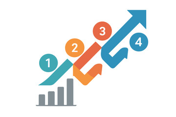 Business strategy infographic with 4 steps for growth and success. Arrow up over bar chart. Financial progress and development milestones. Marketing plan roadmap concept.