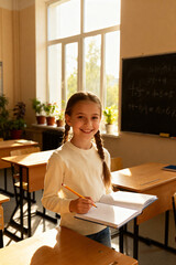 A smiling girl with braids writing in a notebook in a classroom with desks and a blackboard behind
