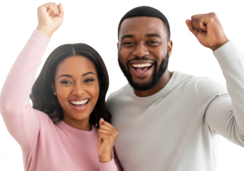 Excited couple celebrates victory with raised fists and joyful smiles transparent background