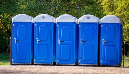 row of bright blue portable toilets lined up outdoors modern plastic cabins offer temporary sanitary facilities for events construction sites parks mobile design ensures convenience privacy in