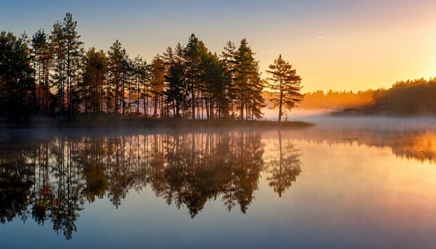 pine trees reflected in the still waters of a foggy lake at sunrise - Powered by Adobe