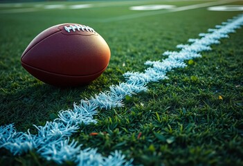 Close-up of football on field, game strategy lines drawn, defense, grass