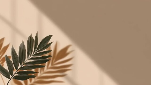 A dark green palm leaf is in the foreground, with its shadow and a warm tan background