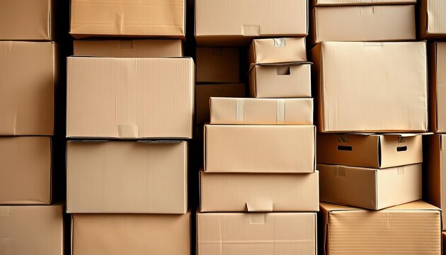 A neat stack of cardboard boxes, various sizes, texture, design