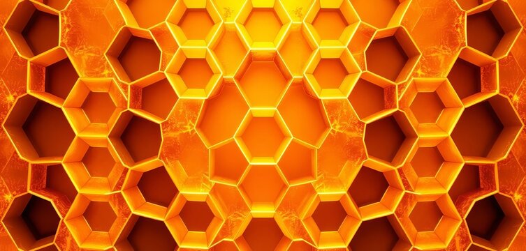Geometric hexagonal pattern of golden honeycombs, abstract background,  wax,  apiary - Powered by Adobe