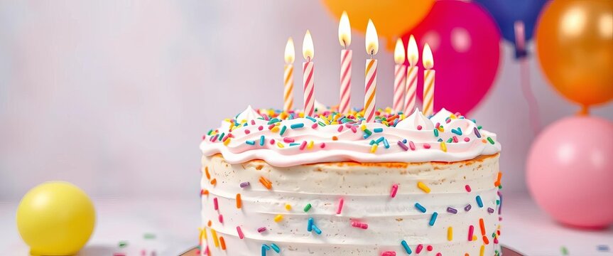 Whimsical pastel rainbow cake with candles, sprinkles, and balloons, holiday, festive