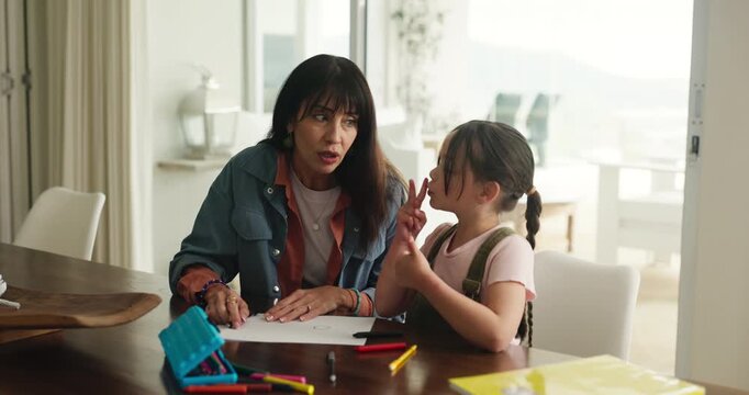 Homework, counting and mom with child in home for maths lesson, learning and help with activity. Family, numeracy and mother with girl with books for education, studying and numbers on hands in house