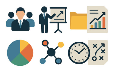 Business strategy icons collection: graphs, charts, presentation, teamwork, planning