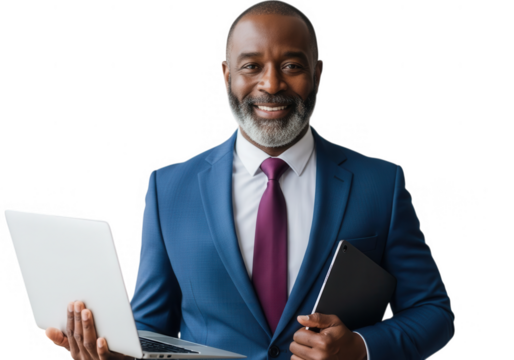 Smiling african american man in a blue suit holding a laptop and tablet transparent background